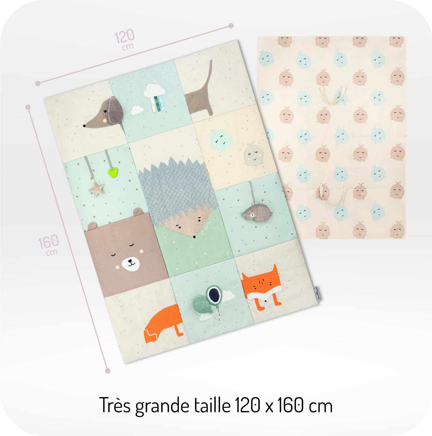 Tapis sensoriel Momi VOLPI pour bébés et tout-petits 120 x 160 cm, tapis de jeu et couverture rampante pour filles et garçons, pliable dans un sac avec poignées de transport