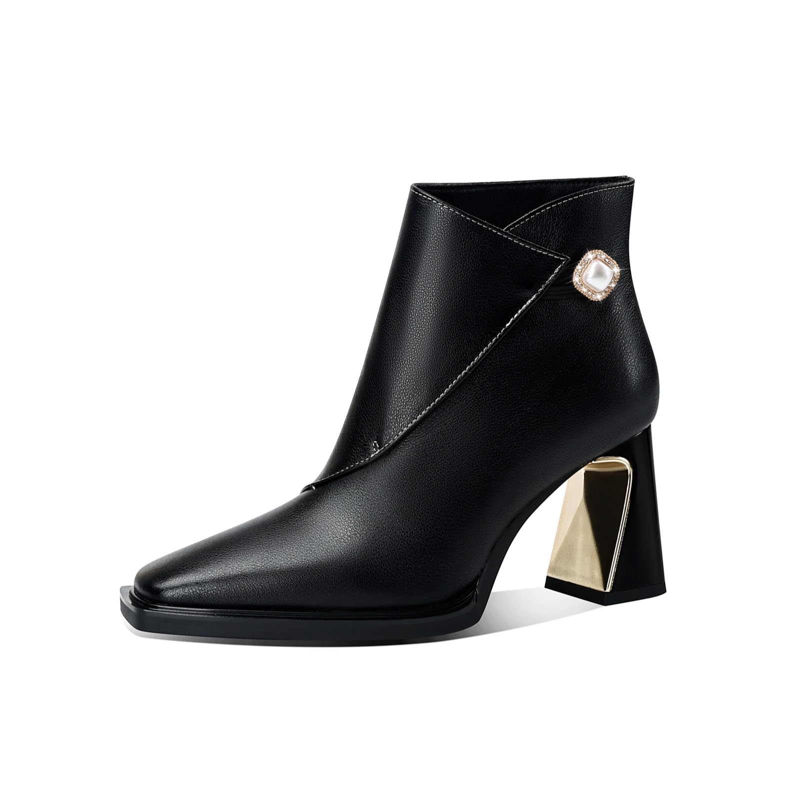 TinaCus Genuine Leather Womens Short Boots Handmade Pearl Button Square Toe Block Heels