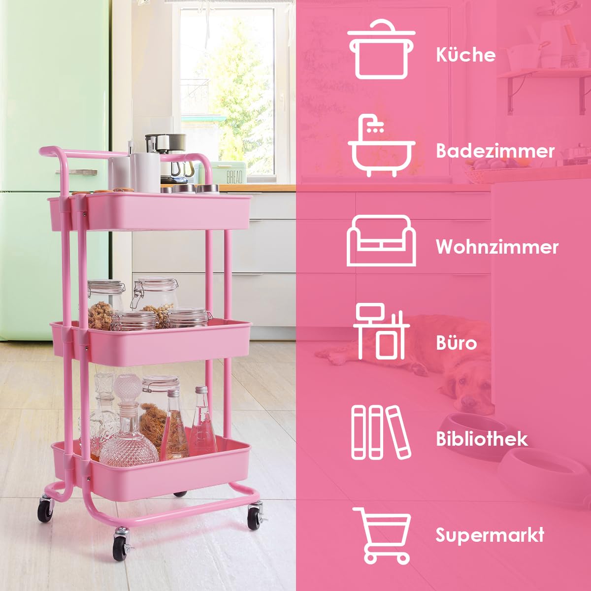 COSTWAY Servierwagen auf Rollen, mobiler Wagen mit 3 Ebenen & Griff, Rollwagen aus Metall, 3 Gitterkörbe aus Kunststoff, Küchenrollwagen Badwagen Allzweckwagen, für Bad Küche Wohnzimmer (Rosa)