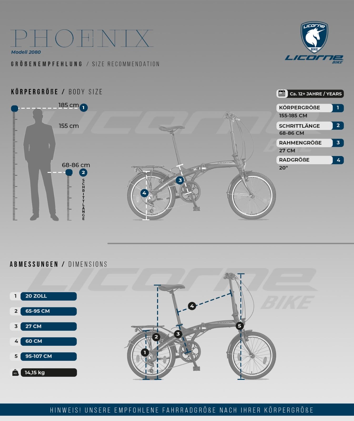 Licorne Bike Phoenix, bicicletta pieghevole in alluminio, 20 pollici, da uomo e da donna, con cambio a catena a 7 marce, telaio in alluminio, copertura StVZO, lampada anteriore