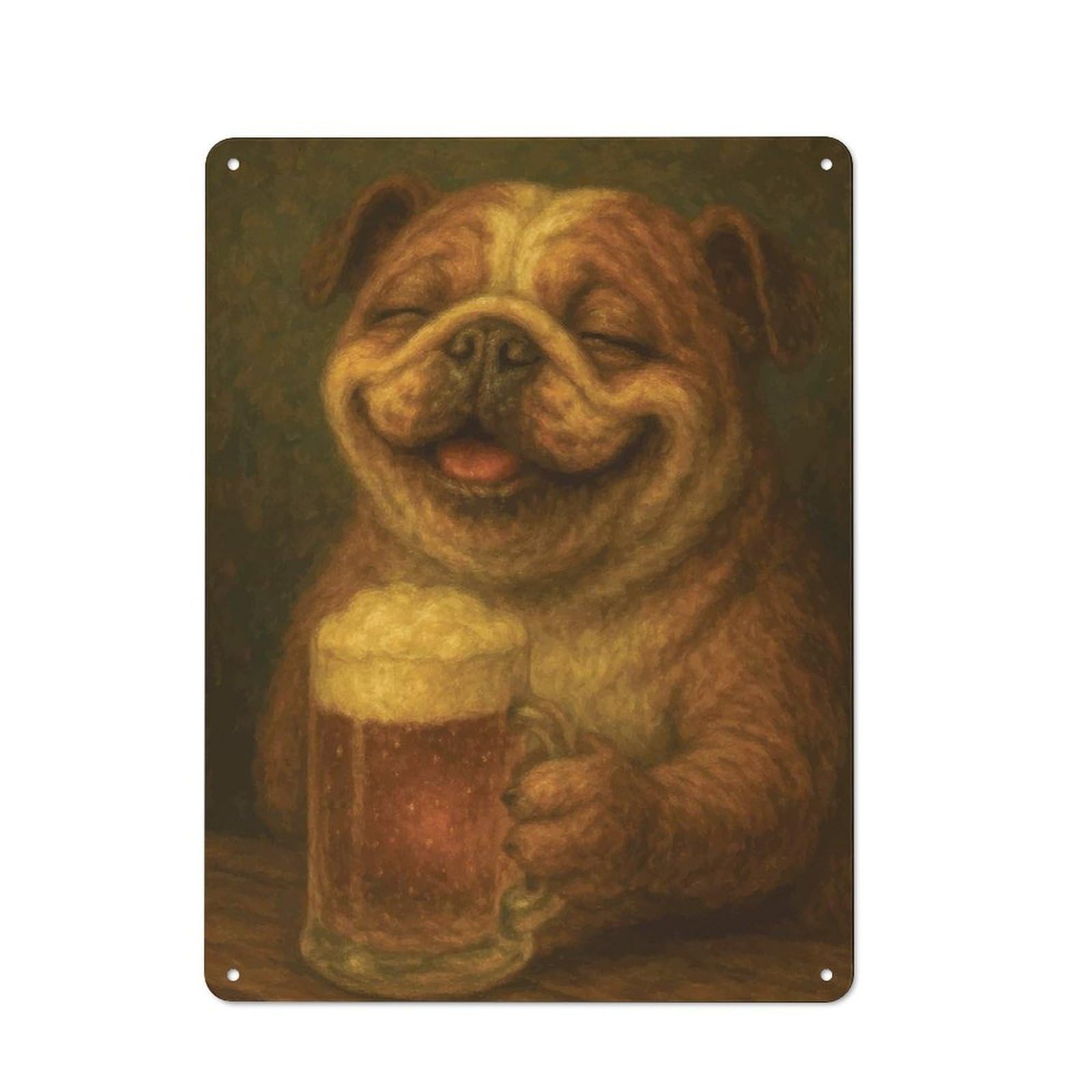 Junmoney Style-22 Happy Bulldog With Beer Painting Decorative Tin Sign 40X30cm, Rustic Rustic Kitchen Decor For Kitchen, Cottage, Porch Or Garden Room