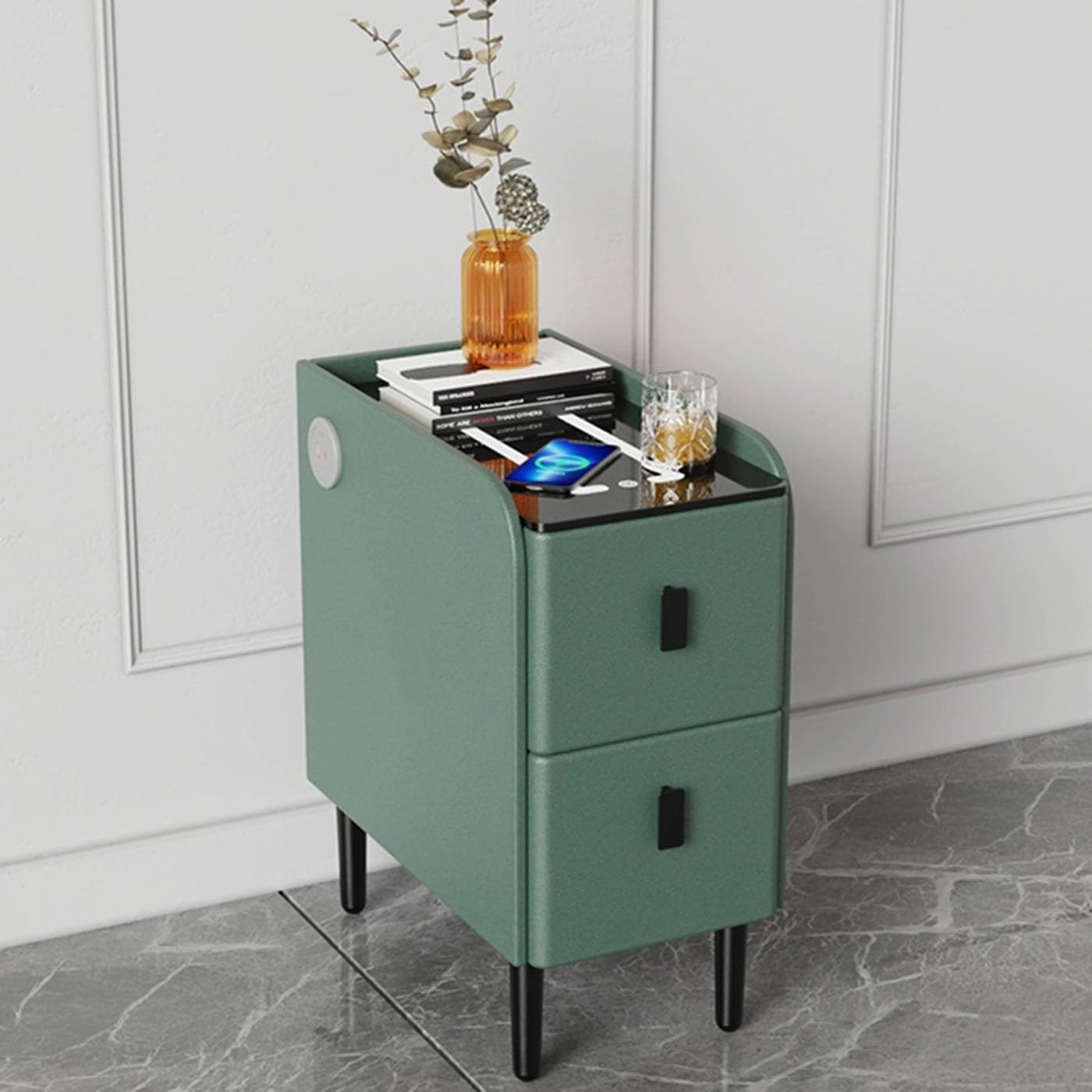 BHGFYXBS Smart Nightstand With Charging Station,3 Colors Led Lights End Table,Modern Bed Side Table With Drawer For Bedrooms,Light Gray-25X40Cm,Green-35X40Cm,Green-35x40cm