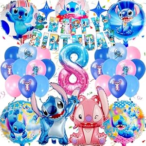 Frotox Decoración Cumpleaños Stitc 8 Años, Stitck Globos Cumpleaños Fiesta Tema Set Niños Niña, 32 Piezas Lilo y Stitc Cumpleaños para Banners Globos de Látex Adornos para Pancarta Cumpleaños Kit
