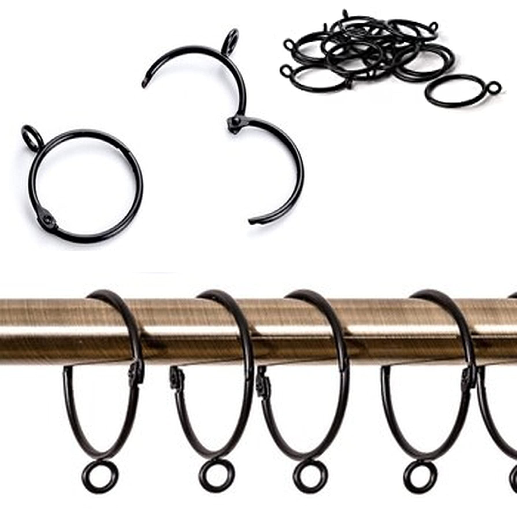 MDecor, 20 Pcs Pack Openable Curtain Rings Open and Close Metal Rustproof Drapery Loops with Eyelet For Hook Pins, Curtain Rings For Living Room, Door Curtain, Shower Curtains (Black)