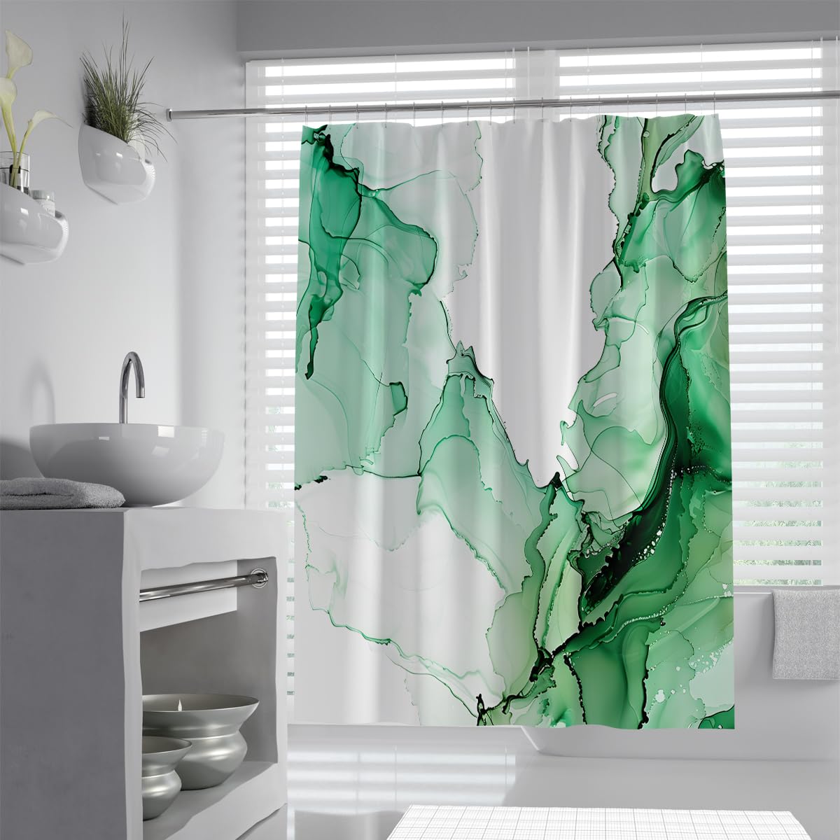 Rideau de Douche Salle de Bain marbre Aquarelle Vert W220xL180 cm | Rideau de baignoire marbre frais, tissu imperméable avec crochets, lavable en machine, séchage rapide