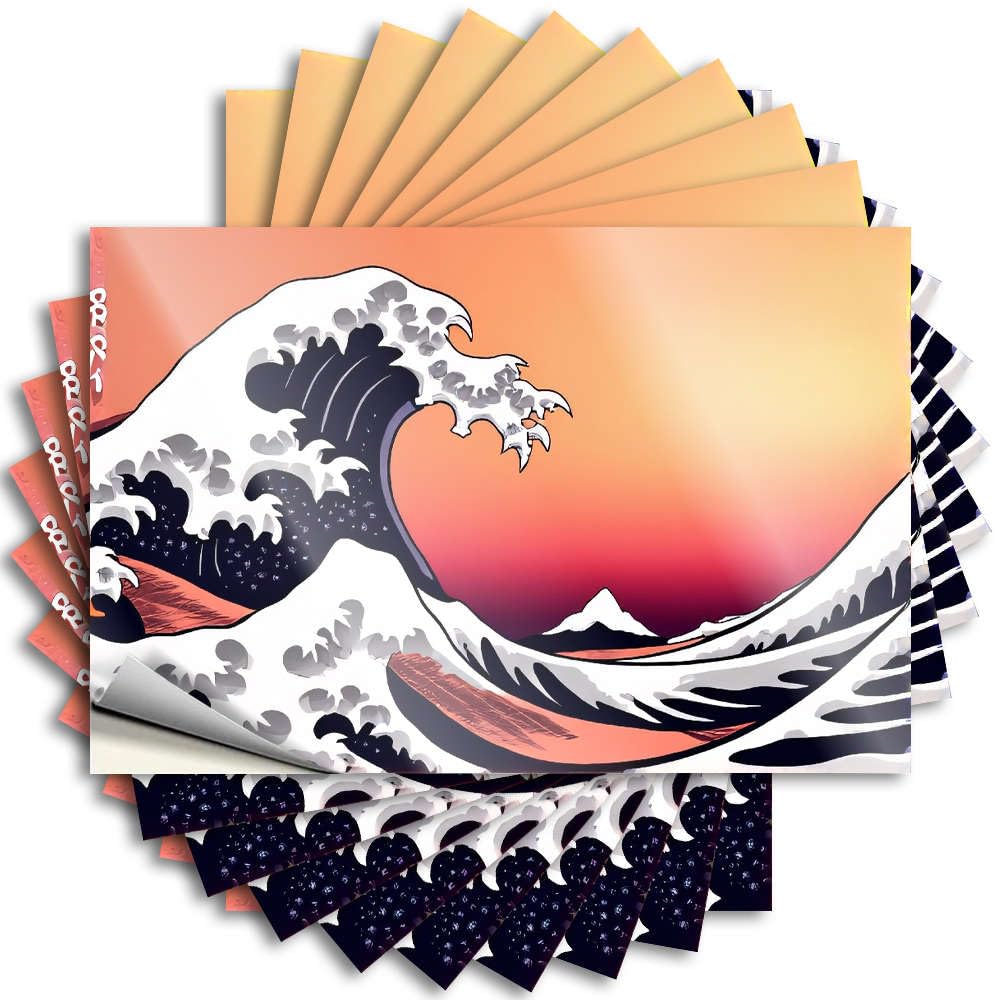 Sticker Cool Wall Decor Peel and Stick - A Stylized Wave Crashing Against A Mountain Range Under A Vibrant Sunset Sky. Hat Punk Waterproof Vinyl for Gamers(12X18CM)