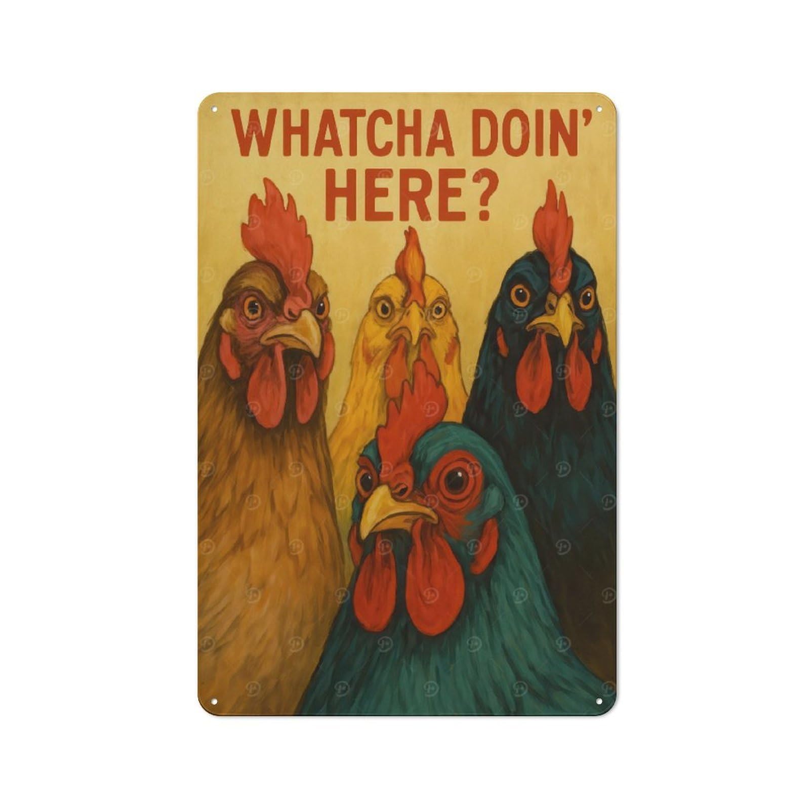 Junmoney Style-4 Whatcha Doin Here Chicken Art Retro Metal Wall Decor 30X20cm, Vintage Metal Sign For Coffee Bar, Small Shop Or Dining Room