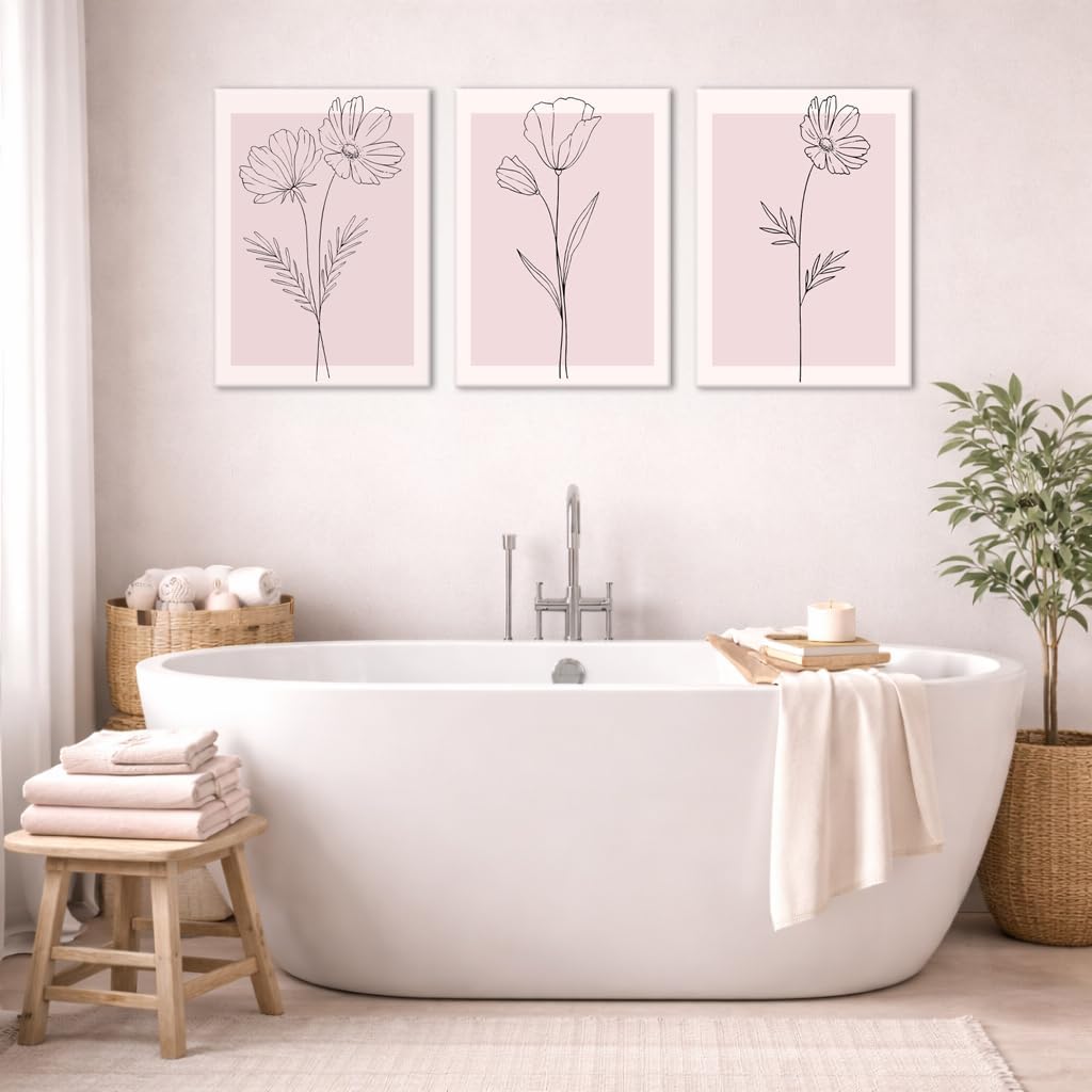 Pink Wall Art Set of 3 Framed, Blush Pink Floral Canvas Wall Decor Pictures, Minimalist Botanical Line Art Prints for Girls Bedroom Teen Room Living Room Aesthetic 12x16 Inch