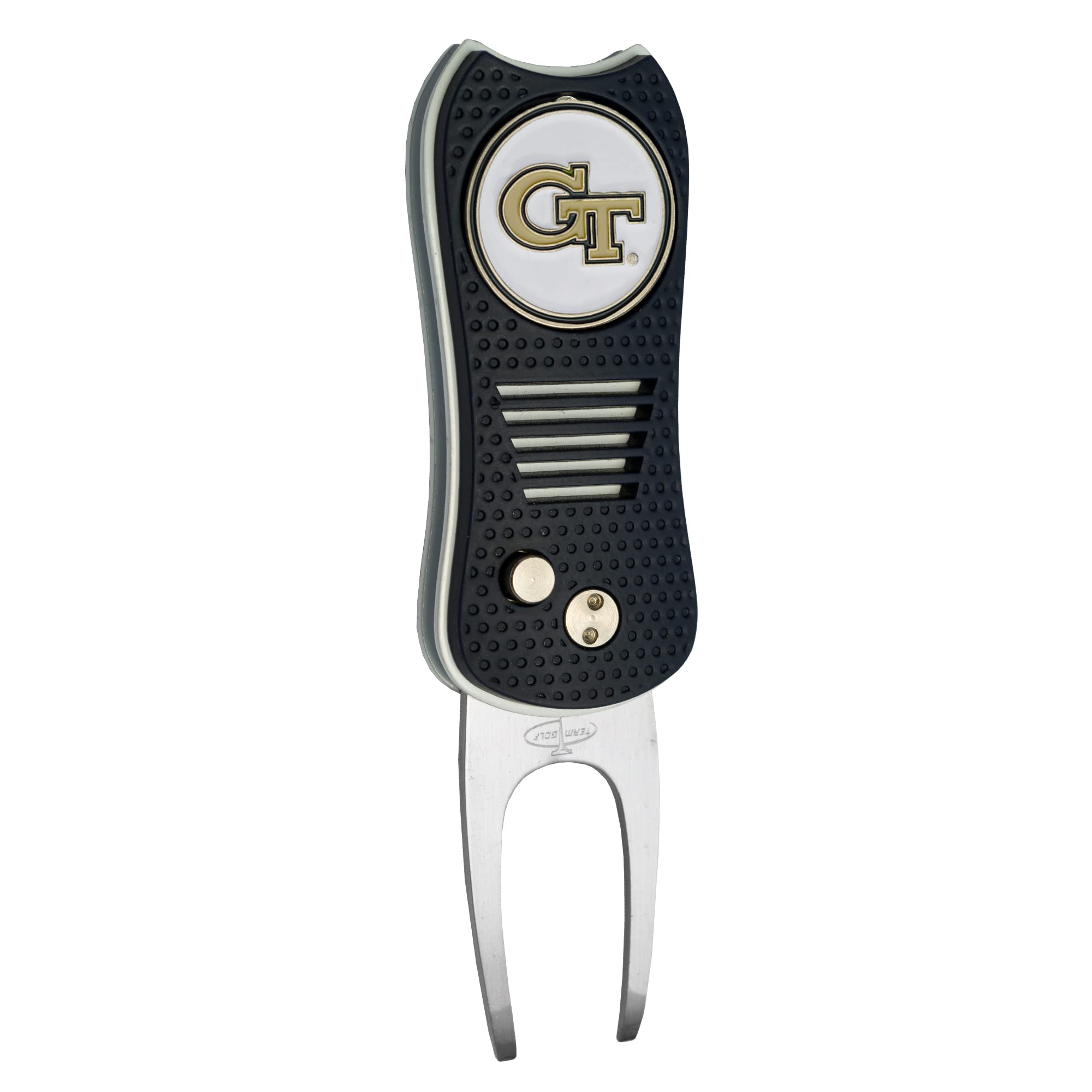 Team GolfNCAA Switchblade Divot Tool with Double-Sided Magnetic Ball Marker, Features Patented Single Prong Design, Causes Less Damage to Greens, Switchblade Mechanism