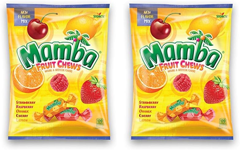 Bag Mamba Fruit Chews Candy New Flavor Mix - Individually Wrapped Chews for Halloween, Parties & Snacks - Variety Pack with Strawberry, Raspberry, Orange, Cherry, & Lemon - 3.52 oz (Pack of 2)