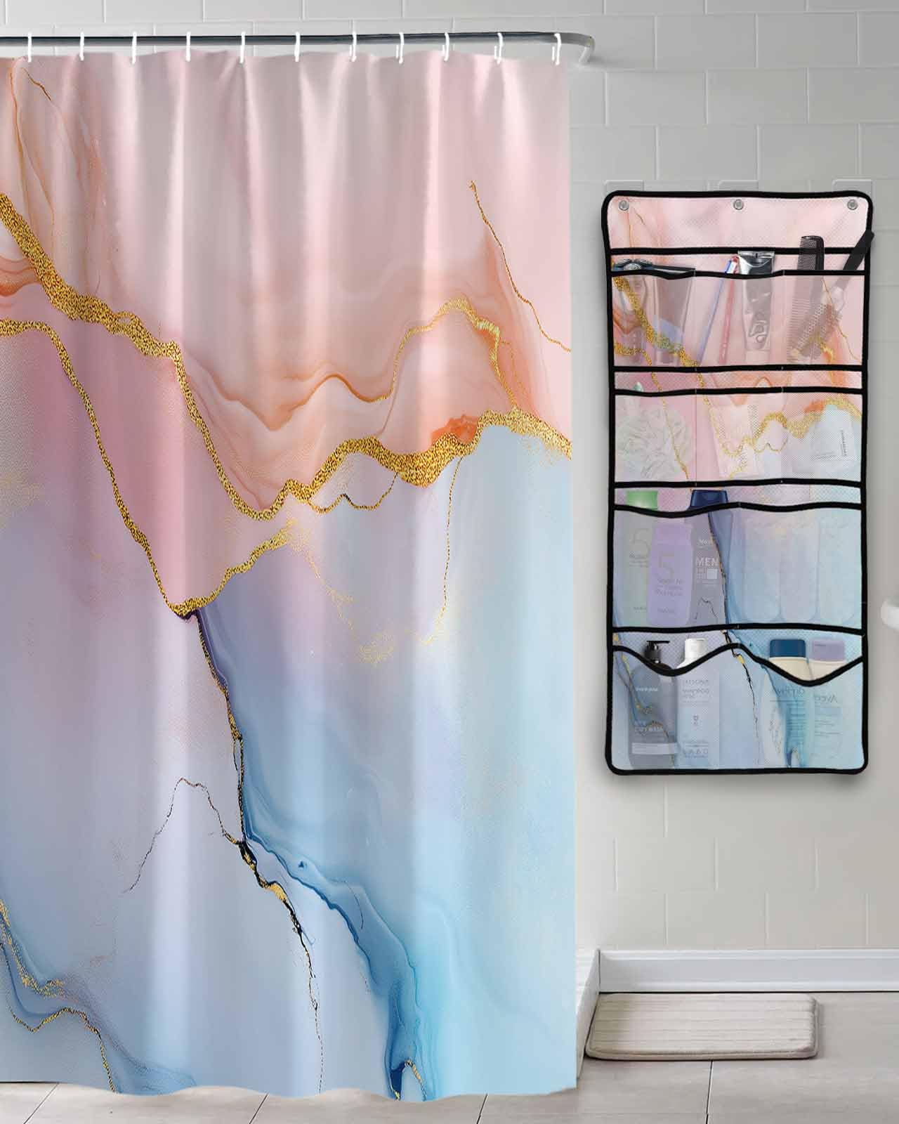 Decorative Shower Curtain Sets Ombre Pink Blue Polyester Fabric Waterproof Bath Shower Curtains Abstract Marble Geometric Striped Mesh