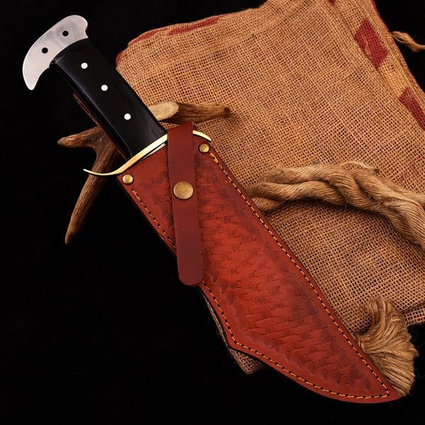 Handmade Bowie Knives with Leather Sheath, EDC Fixed Blade Knife for Hunting, Camping, Outdoor Activities, Full Tang, Leather Sheath (Black)