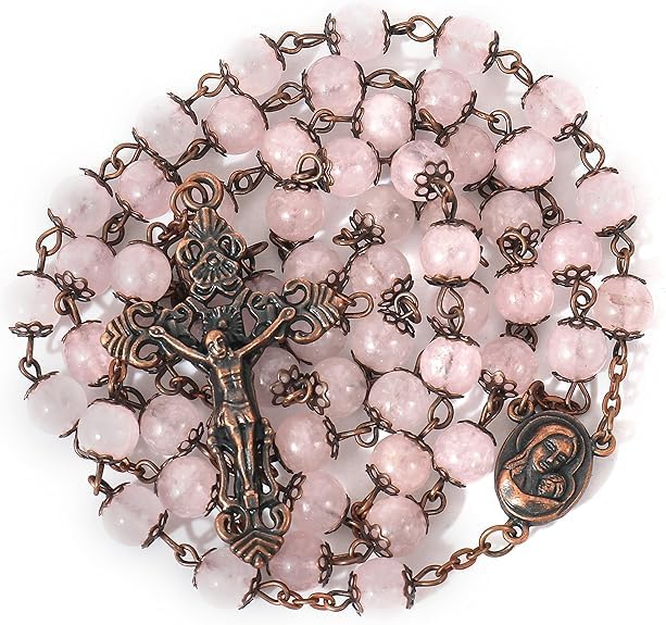 Nazareth Store Natural Stone Beads 8mm Rosary Necklace Antique Copper Design Holy Soil Medal & Cross in Velvet Bag - Catholic Rosaries Terra Santa Jerusalem Collection