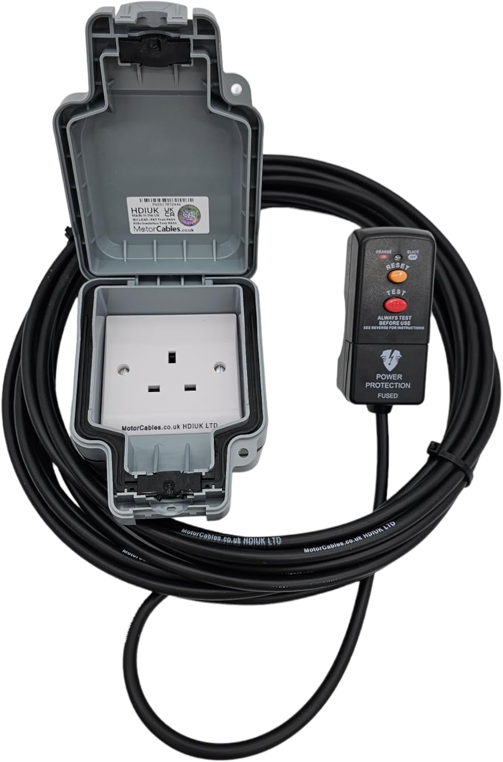 15m Black Outdoor Extension cable RCD to 13A IP66 mains socket for pressure washer, water feature outdoor electric hookups