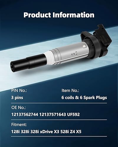 Miniatura 3 de ECCPP UF592 6 bobinas de encendido con 6 bujías de iridio 128i 135i 335i 325i 328i 330i E60 M5 525xi 528i N54 X3 X5 X6 Z4 2003-2016 12137562744 4