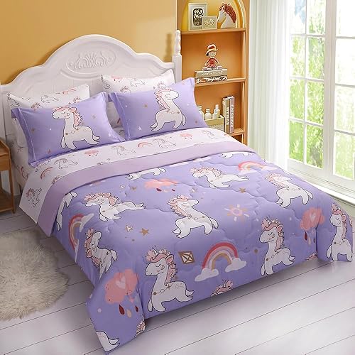 Miniatura 3 de Wajade Juego de edredón de unicornio morado para niños, cama en una bolsa, tamaño matrimonial, juego de ropa de cama de 7 piezas con bonito