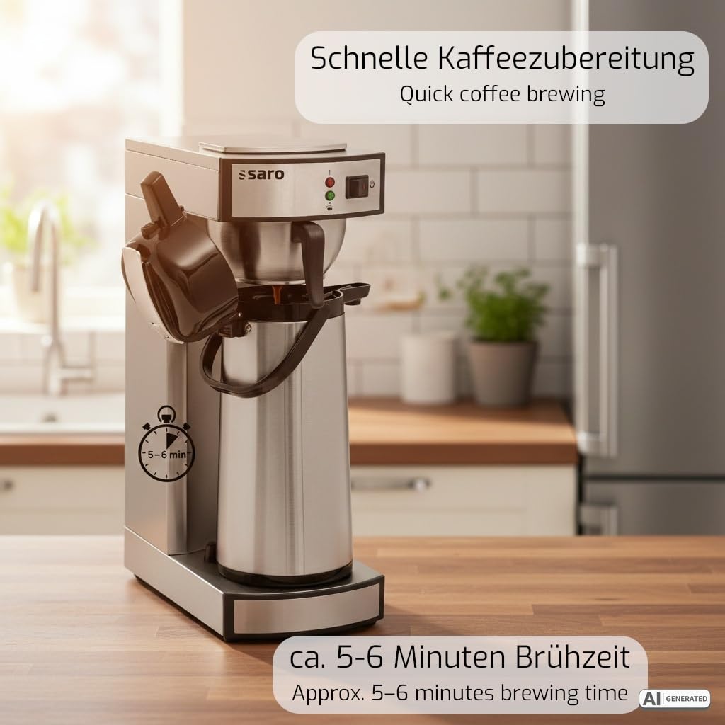 Saro Kaffeemaschine Inkl. Edelstahl-Isolierpumpkanne – 2,2 L – Brühzeit ca. 5–6 Min – Trockenlaufschutz – 2,069 kW – Modell THERMO 24