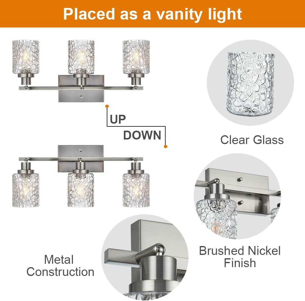 VINLUZ Brushed Nickel 3 Light Semi Flush Mount Ceiling Light with Rotatable Directional Head, Clear Glass Shade, Bathroom Lighting Vanity Light, Modern Spotlight Track Lighting Kit