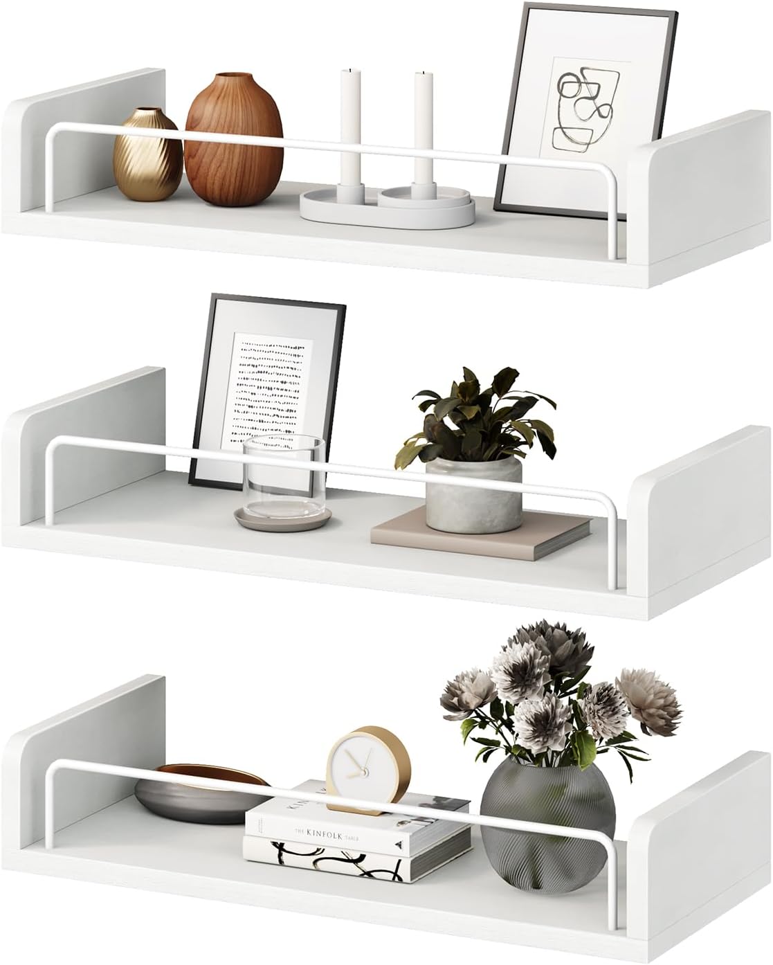 Floating Shelves for Wall, Floating Shelves for Bedroom Kitchen Decor, Wall Mounted Rustic Farmhouse Wood Shelf for Books, Plants, Set of 3 (White)