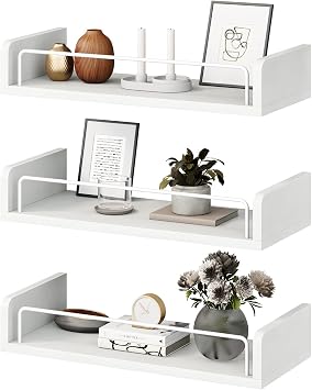 Floating Shelves for Wall, Floating Shelves for Bedroom Kitchen Decor, Wall Mounted Rustic Farmhouse Wood Shelf for Books, Plants, Set of 3 White