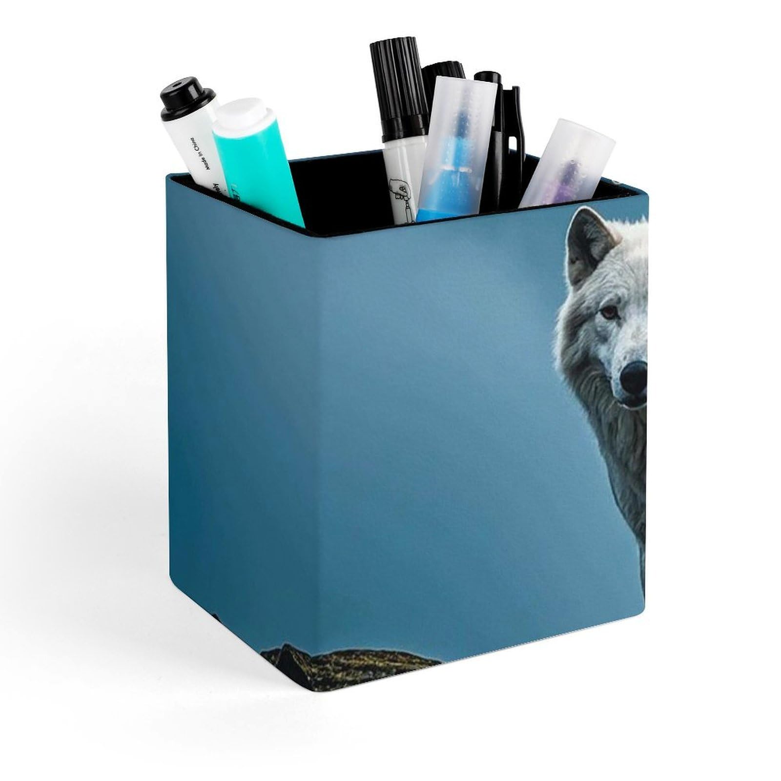 DWVTSLH Aesthetic Pen Holder for Desk - Modern Leather Pencil Holder - Stylish Square Makeup Brush Holder - The White Wolf on The Rock Pen Cup Cute And Functional Desk Organizer for Office Supplies