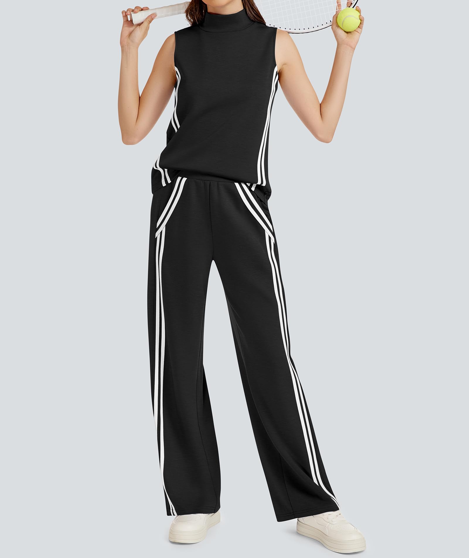 Casly Lamiit Conjunto de 2 piezas para mujer, conjunto de descanso a rayas, traje de viaje, sudadera con cuello alto falso, pantalones de pierna ancha, ropa deportiva casual