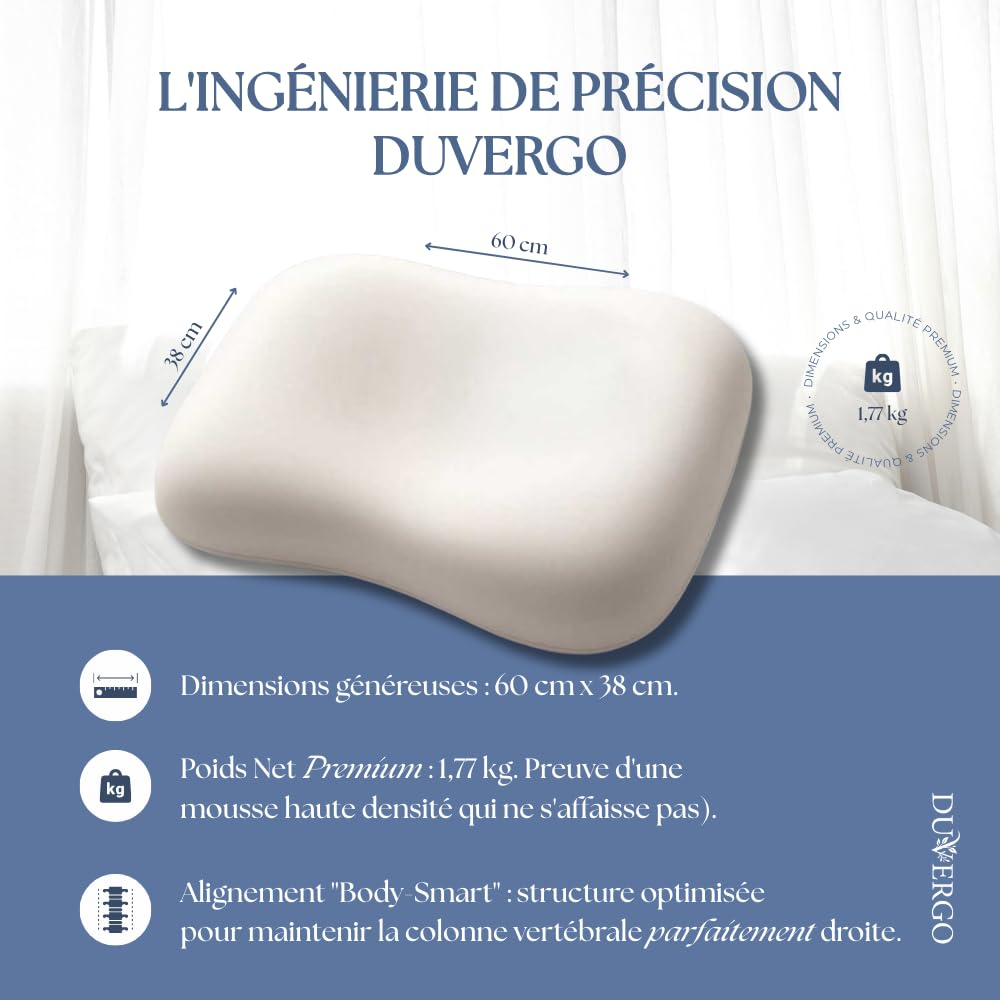 Oreiller Ergonomique Cervical à Mémoire de Forme Haute Densité – Coussin Orthopédique pour Cervicales Douloureuses, Nuque et Épaules – Housse Rafraîchissante Oeko-TEX – 60x40 cm