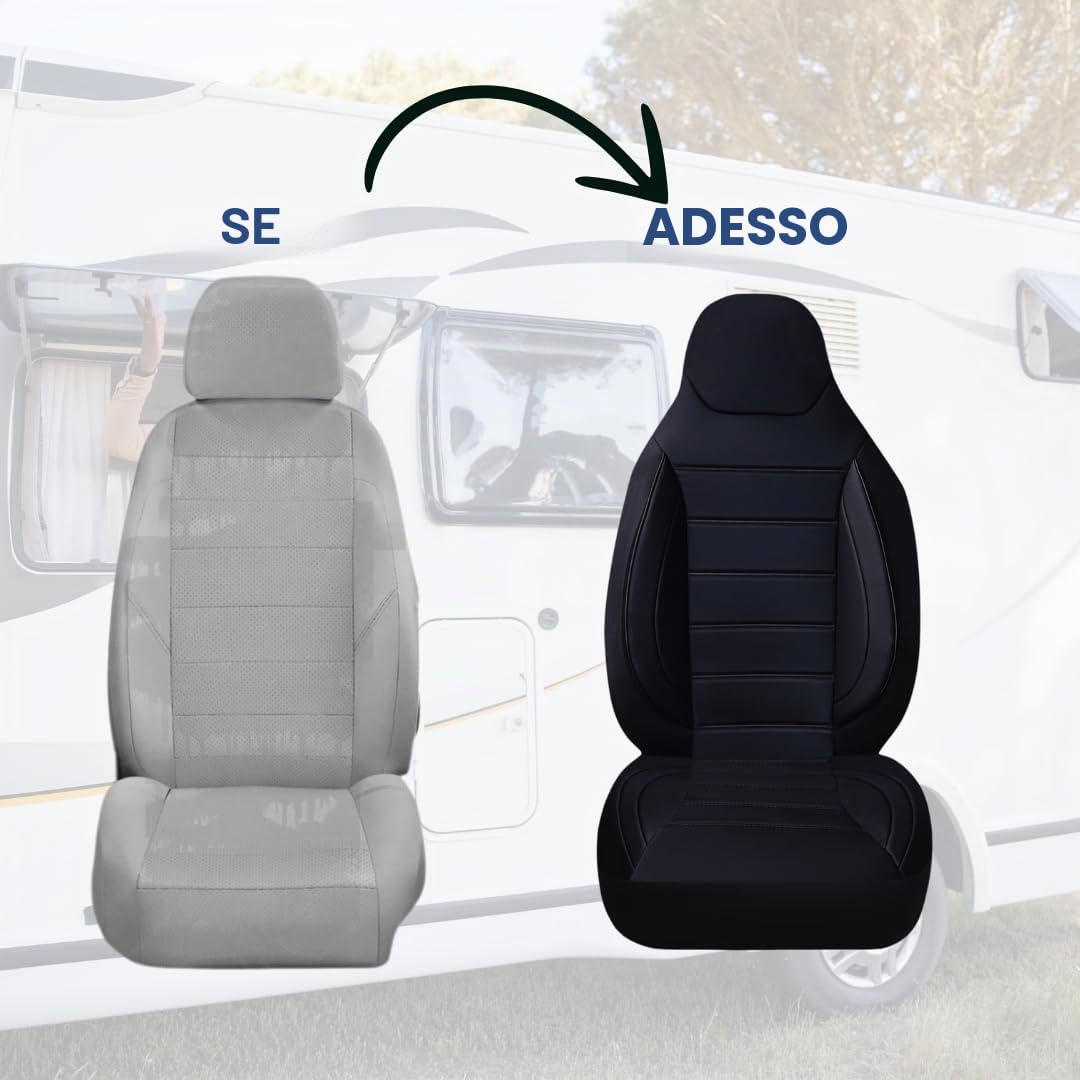 Coprisedili compatibili con Fiat Ducato roulotte/camper / camper / camper su misura, set di 2 parti – conducente 1 + passeggero 1 sedile | con braccioli | CBS103 | nero | ecopelle