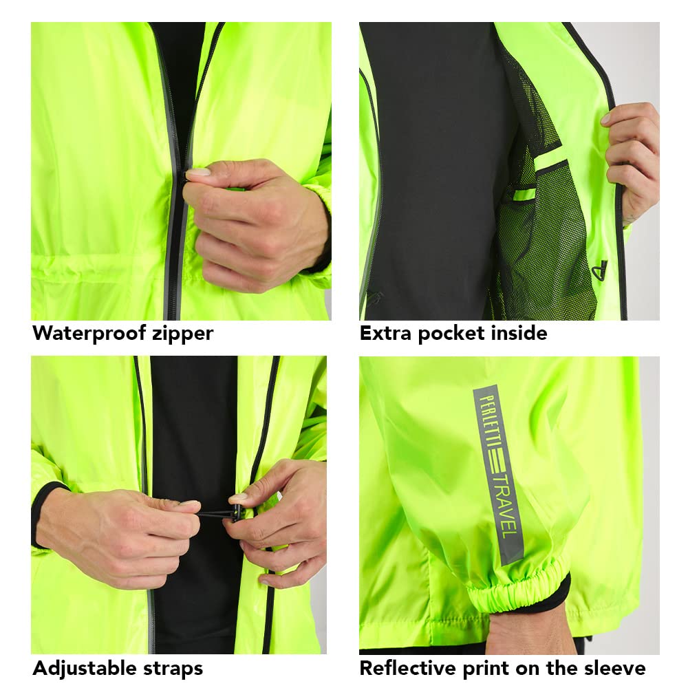 PERLETTI Chubasquero Hombre Cortaviento Ligero con Cremallera - Impermeable Hombre con Capucha Detalles Reflectantes - Chaqueta Trench Deporte Transpirable Waterproof Reutilizable Hombres