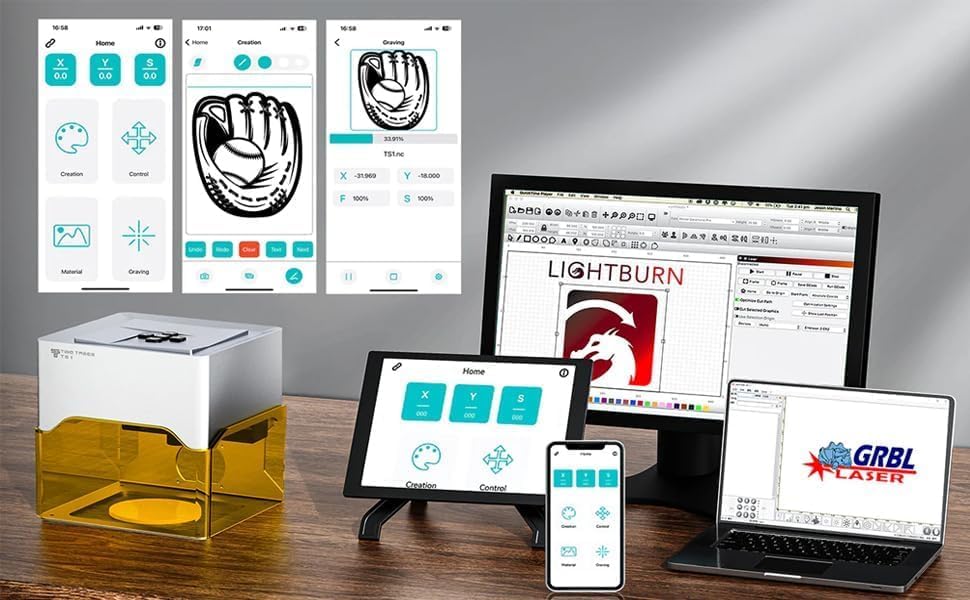 Twotrees TS1 Mini Laser Engraver showing connectivity options with smartphone app and computer software.