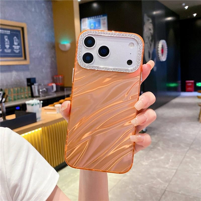 Image of COVERLY for iPhone 17 Hot Diamond Bling Camera Protection Frame Phone Case, Luxury Glossy 3D Laser Cut Water Ripple Mirror Glitter Cute Colorful Shiny Hard Mobile Cover for Apple iPhone 17 (Orange)