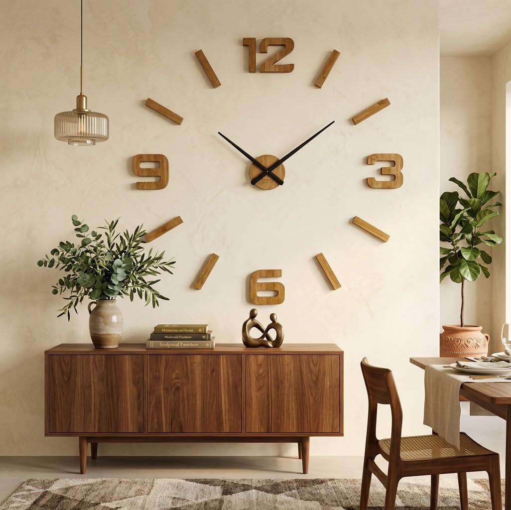 Pared 3D DIY Madera de Roble Reloj Grande 100-130 cm Diseño Moderno EKO Relojes de Pared Decoración para Oficina, Salón, Dormitorio