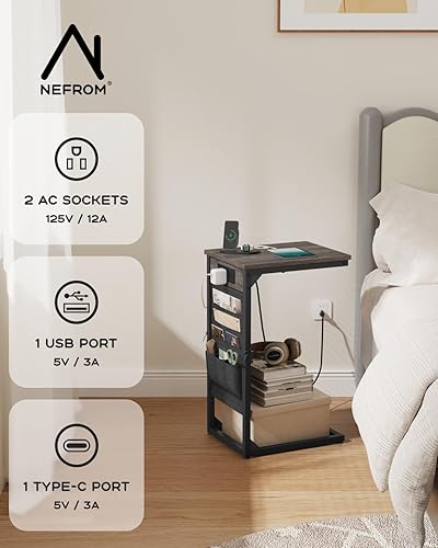 Miniatura 5 de Mesa auxiliar en forma de C con estación de carga rápida, mesa auxiliar de sofá pequeña con bolsa de almacenamiento, mesa de bandeja de sofá para