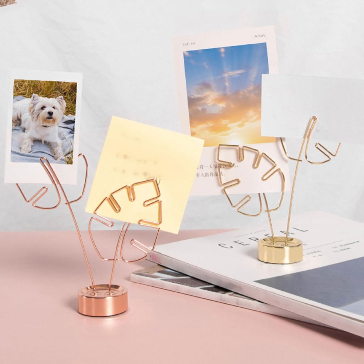 Metal Monstera Leaf Photo Clip Memo Holder with Base, Rose Gold Desktop Picture Holder Stand, 2pcs Decorative Multi-Function Clip for Office and Home Use