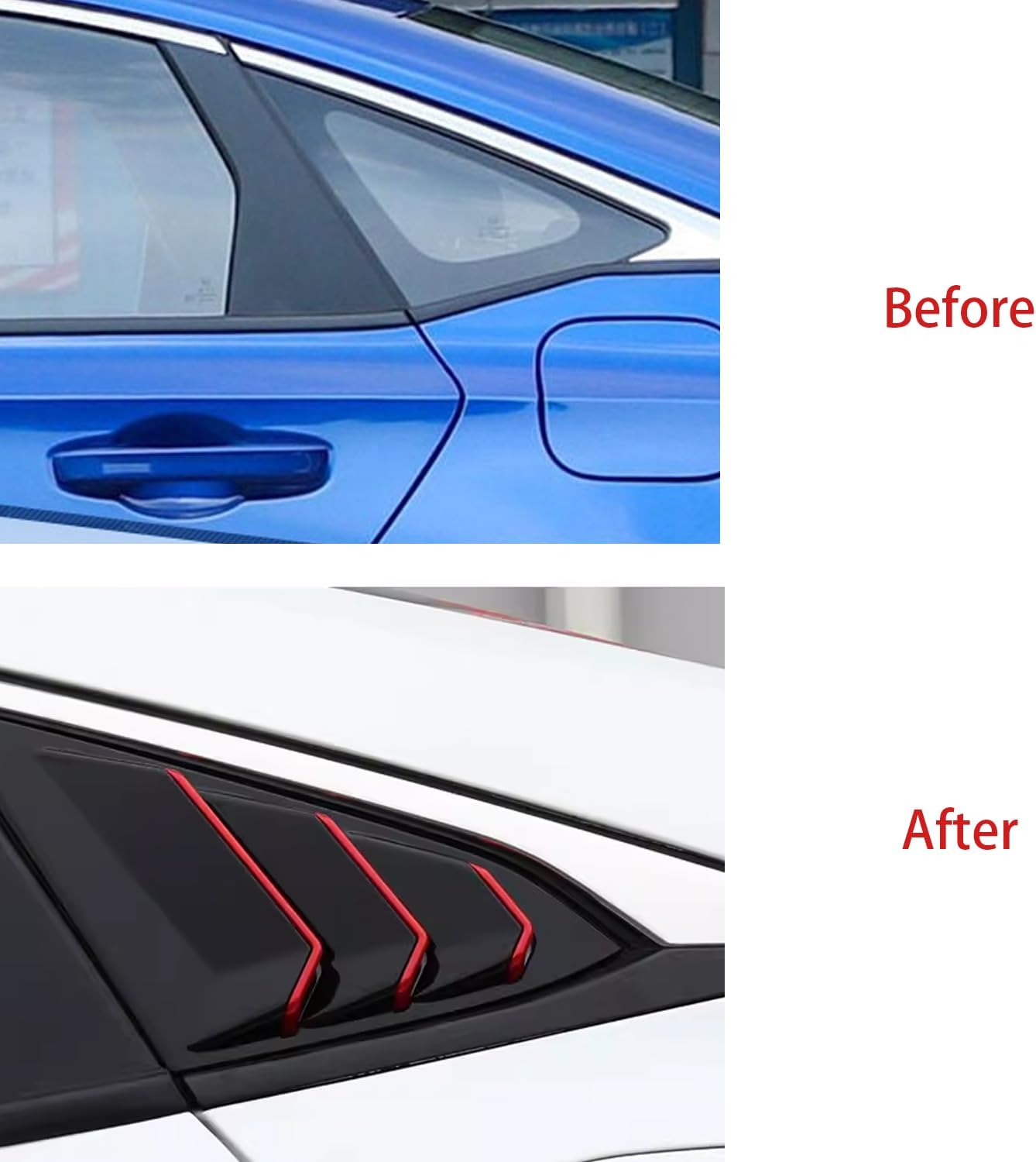 Red Glossy Black Rear Side Window Louvers Compatible with Honda Civic 11th Gen Sedan 2022 2023 2024 2025 ABS Air Vent Scoop Shades Cover Trim