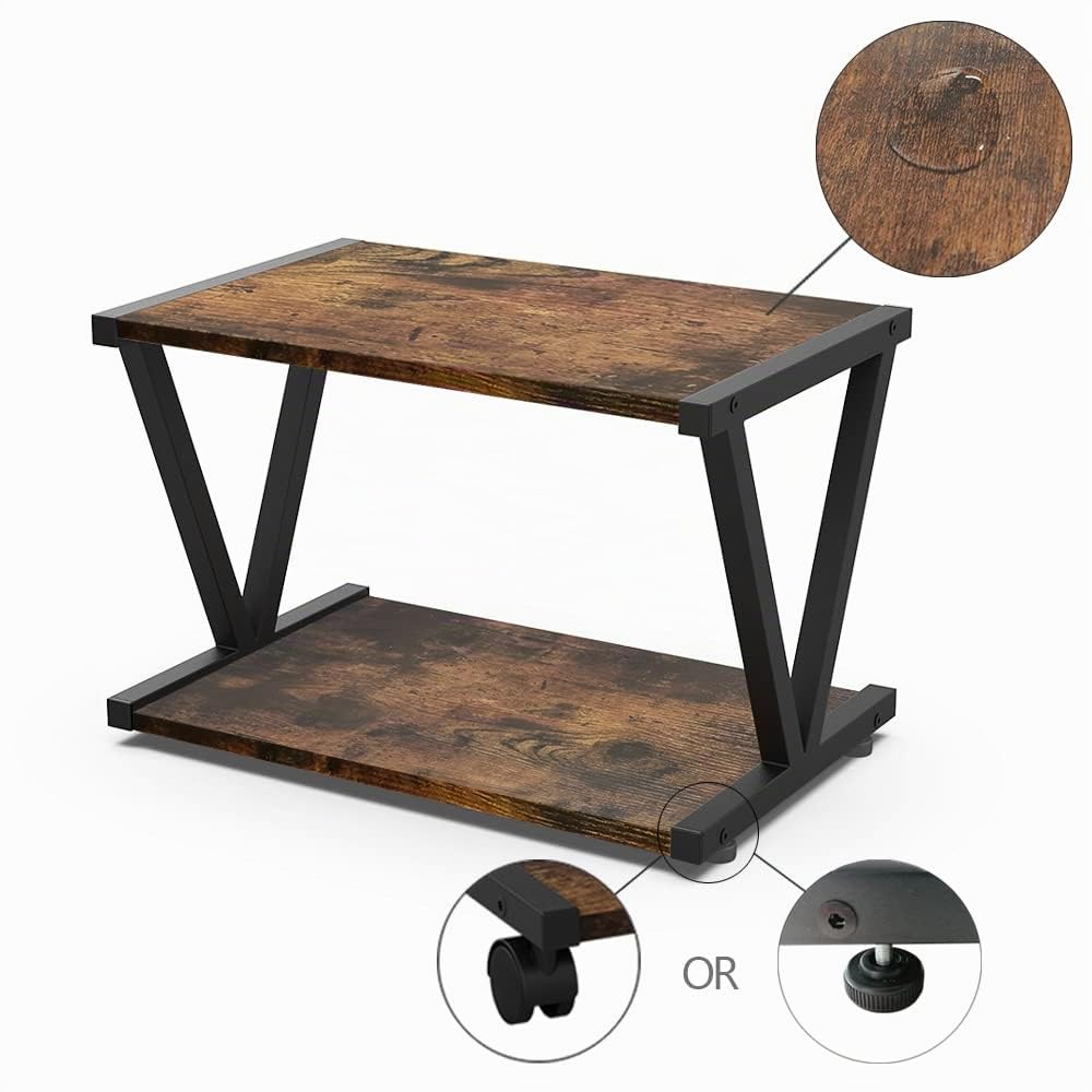 VEDECASA Supporto per stampante da tavolo, a 2 ripiani, sotto la scrivania, in legno, rustico, industriale, per casa, ufficio, elegante e robusto (marrone)
