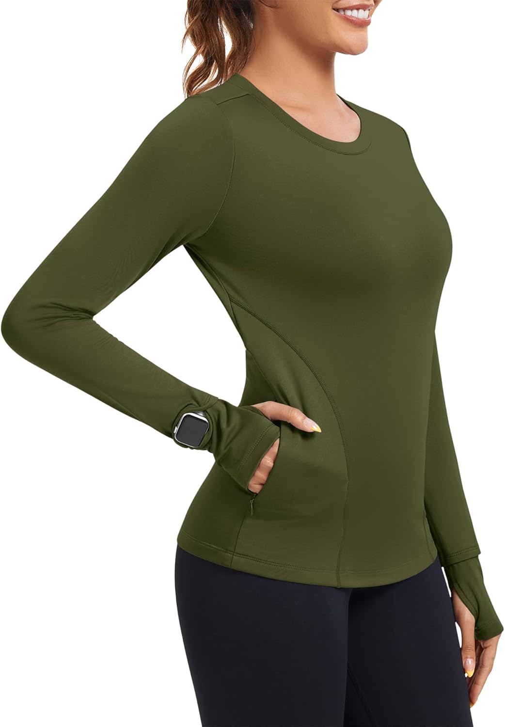 Loovoo Thermal Shirts for Women Long Sleeve Workout Tops Crewneck Fleece Base Layer Running Athletic Tee with Zipper Pocket