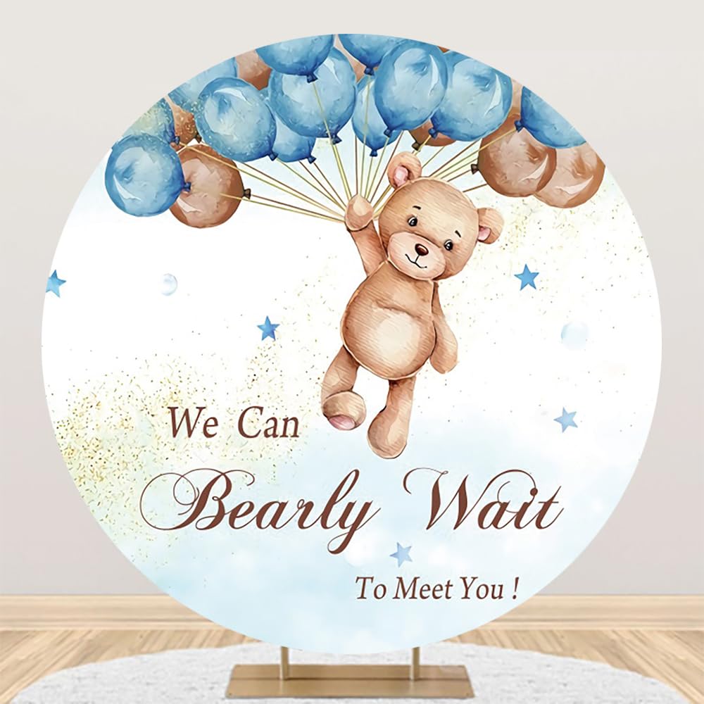 AOFOTO 7.2x7.2ft Bear Baby Shower Round Backdrop Cover Watercolor Balloons and Stars We Can Bearly Wait Teddy Bear Arch Circle Background for Newborn