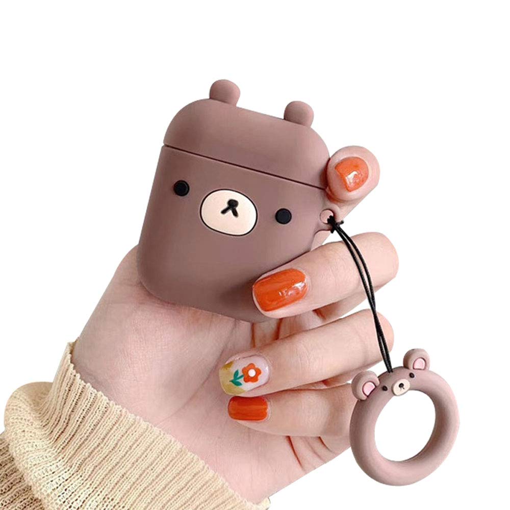 BONTOUJOUR Earphone Case for AirPods 1/2, Cute Creative Fun Animals Shape TPU Silicone Cover Protective Skin for Apple AirPods 1&2 +Ring Lanyard -Brown Bear