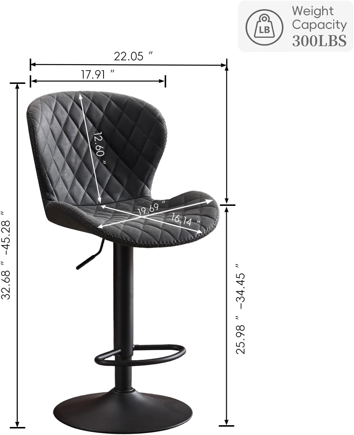 AEDI Bar Stools Set of 2, Adjustable Swivel Counter Height Upholstered Bar Chairs with Back, Distressed Faux Leather & Handcrafted Heavy Stitching for Kitchen Island,Bar,Black
