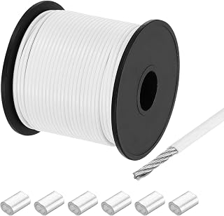 sourcing map Cuerda de alambre de 40 m, cable de acero inoxidable 304 de 1/12 pulgadas (2 mm) recubierto de vinilo con 6 fundas de aluminio para colgar, tendederos de ropa, levantar color blanco