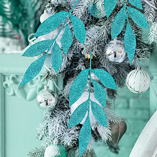 Winlyn 20 Pcs Teal Glitter Bay Leaf Sprays Artificial Christmas Tree Picks Sprays 12.7" Tall For Teal Christmas Tree Winter Wreath Swag Floral Arrangement Vase Wedding Bouquet Centerpiece Decoration #TOP6