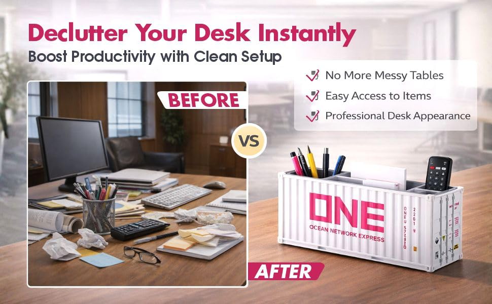 Image of Neonix Desk Organizer Office Supplies Multi Function Shipping Container Style Storage Box Pen Pencil Business Card and Remote Control Holder for Office and Home Gray (Container Storage 3)