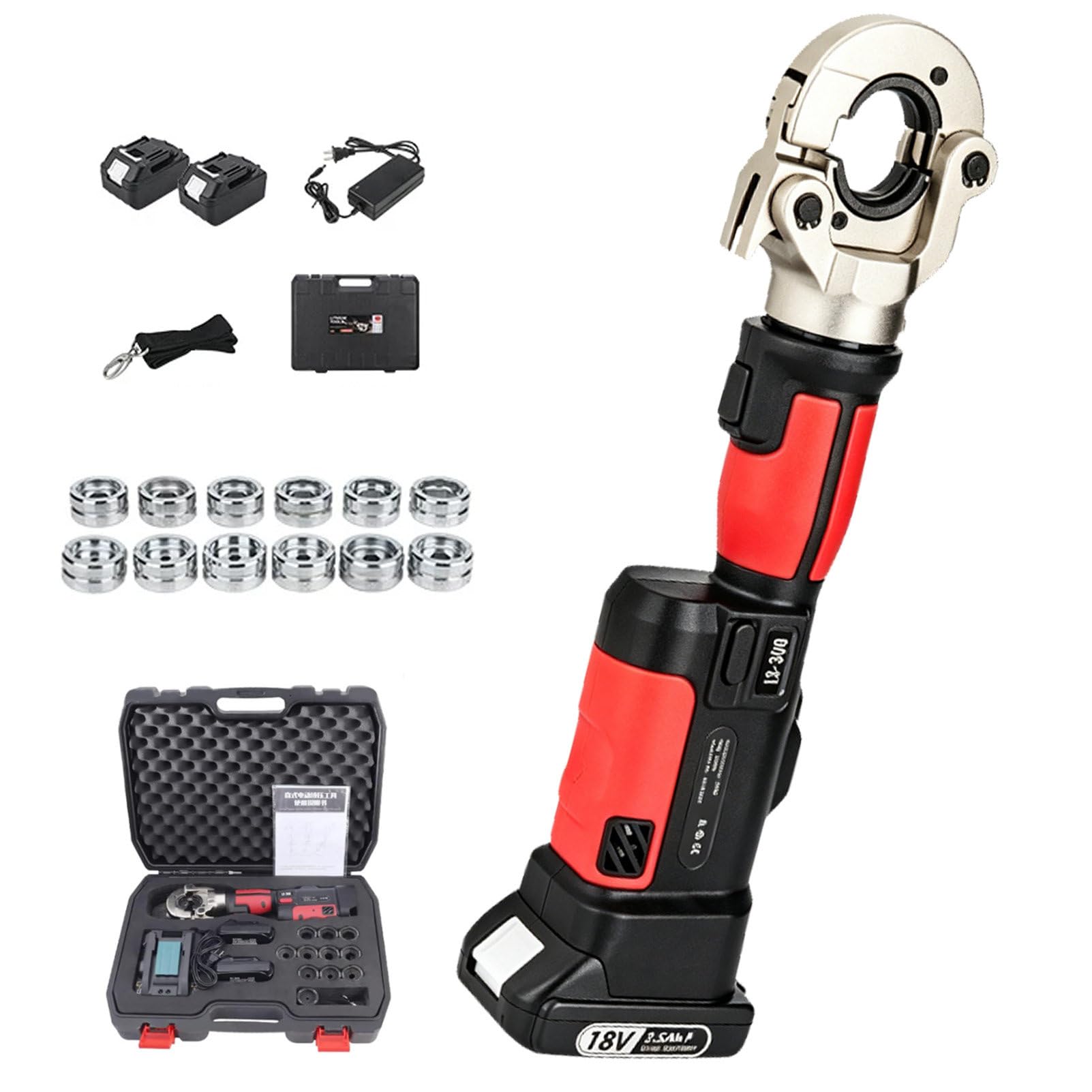 Pvxa 16-300Mm² Rechargeable Hydraulic Crimper, Hydraulic Crimpers Electrical Hydraulic Crimping Tool, 360° Rotating Head, with 12 Pairs of Dies, for Copper Red