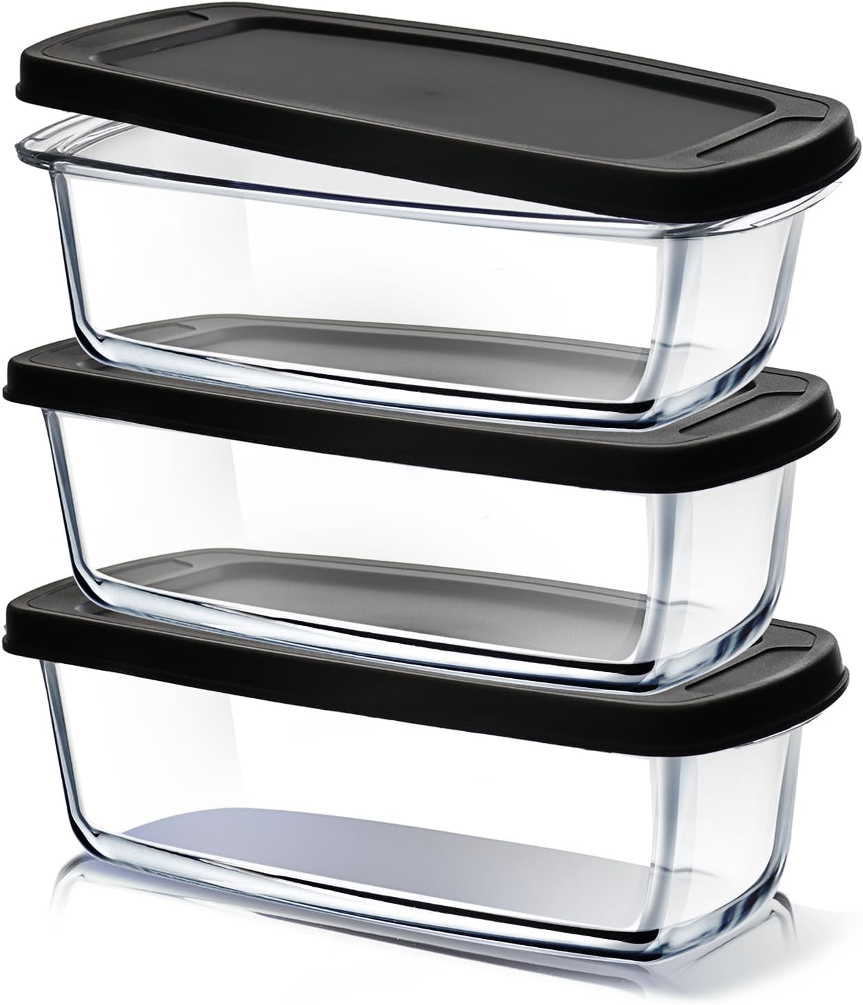 EATEX Glass Bread Pans for Homemade Bread Baking, 1.9 Quart Deep Rectangular Glass Food Storage Containers with Lids, 3 Bread Loaf Pans 3 Airtight Lids Black Microwave Oven & Freezer Safe