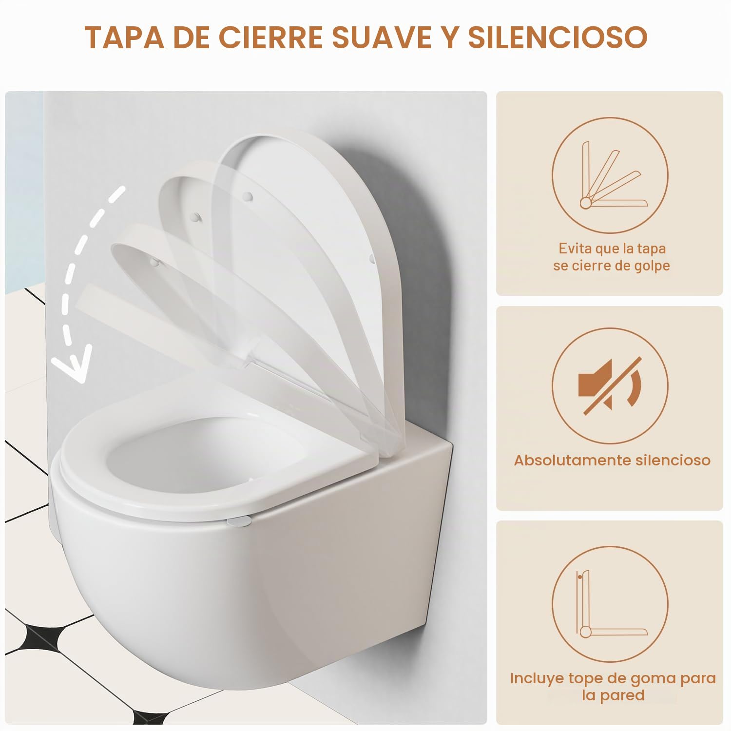 Tapa WC Amortiguada, Asiento Inodoro Blanco en Forma de D, Tapa de Vater con Cierre Suave, Tapa de WC de Duroplast, Tapadera WC, Tapa Inodoro Montaje Fácill