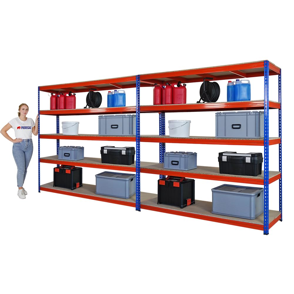 PROREGAL Mega Deal 2X Profi Schwerlastregal Bison, HxBxT 200x200x60cm mit Fachlast 600kg, 5 Fachböden, Blau-Orange, Steckregal Garagenregal Lagerregal Werkstattregal Weitspannregal