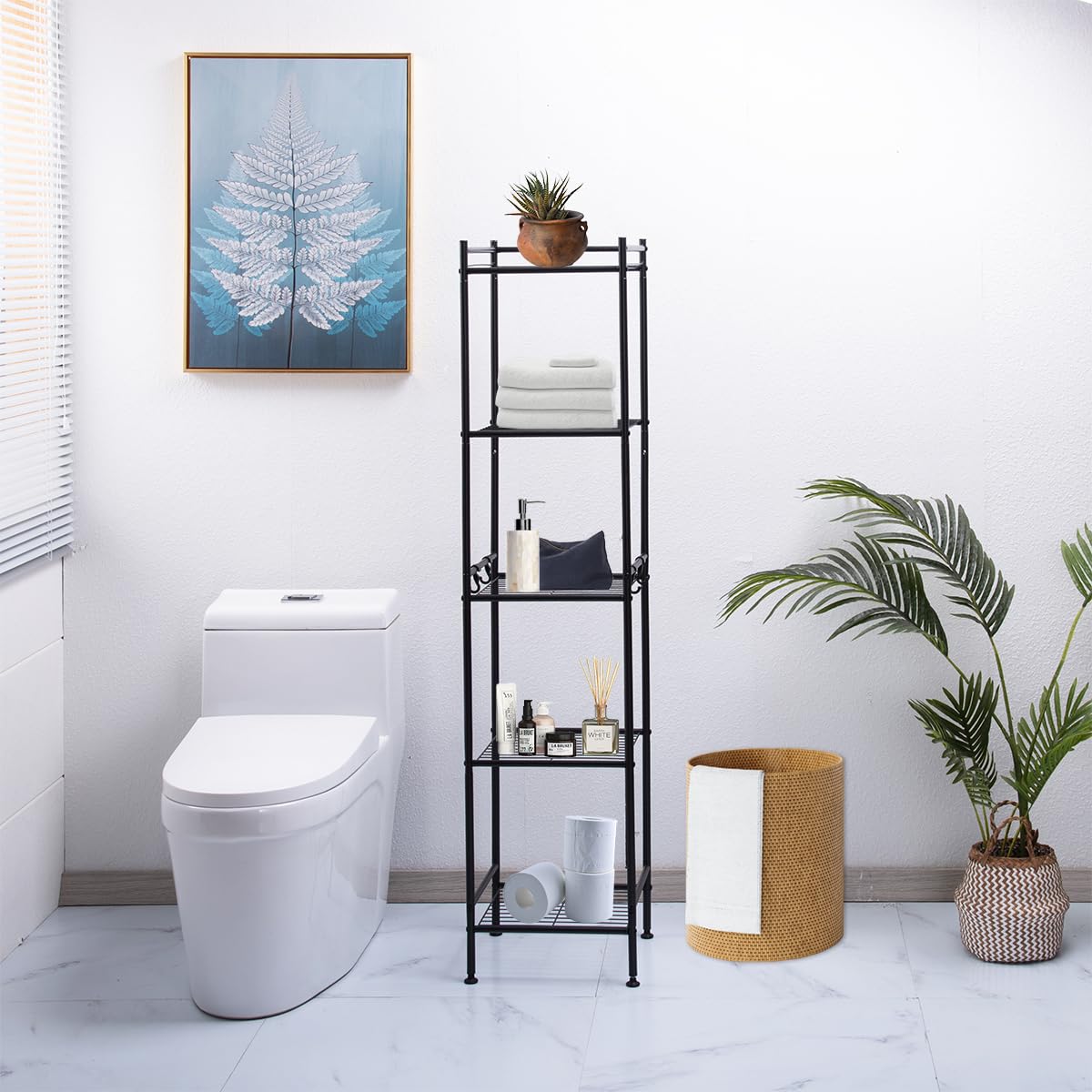 5-Tier Free Standing Wire Rack Adjustable Metal Shelving Storage Unit for Pantry Laundry Kitchen Office, with 4-Hooks, Black