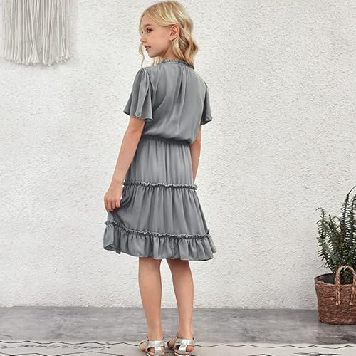 Blibean Girl Summer Boho Dress Tween Kid Short Sleeve Outfit Maxi Dresses Aline Ruffle Clothing Solid Bohemian Swing Clothes Size 4-5 Years Small Gray #TOP3