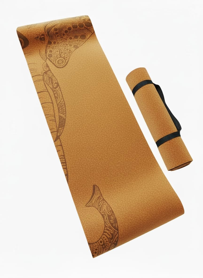 Cork Yoga & Pilates Mat – Eco-Friendly Non-Slip Cork with TPE Backing – 183x61.5cm – Includes Free Carry Strap – Lightweight & Durable – Recycled Packaging (Elephant)